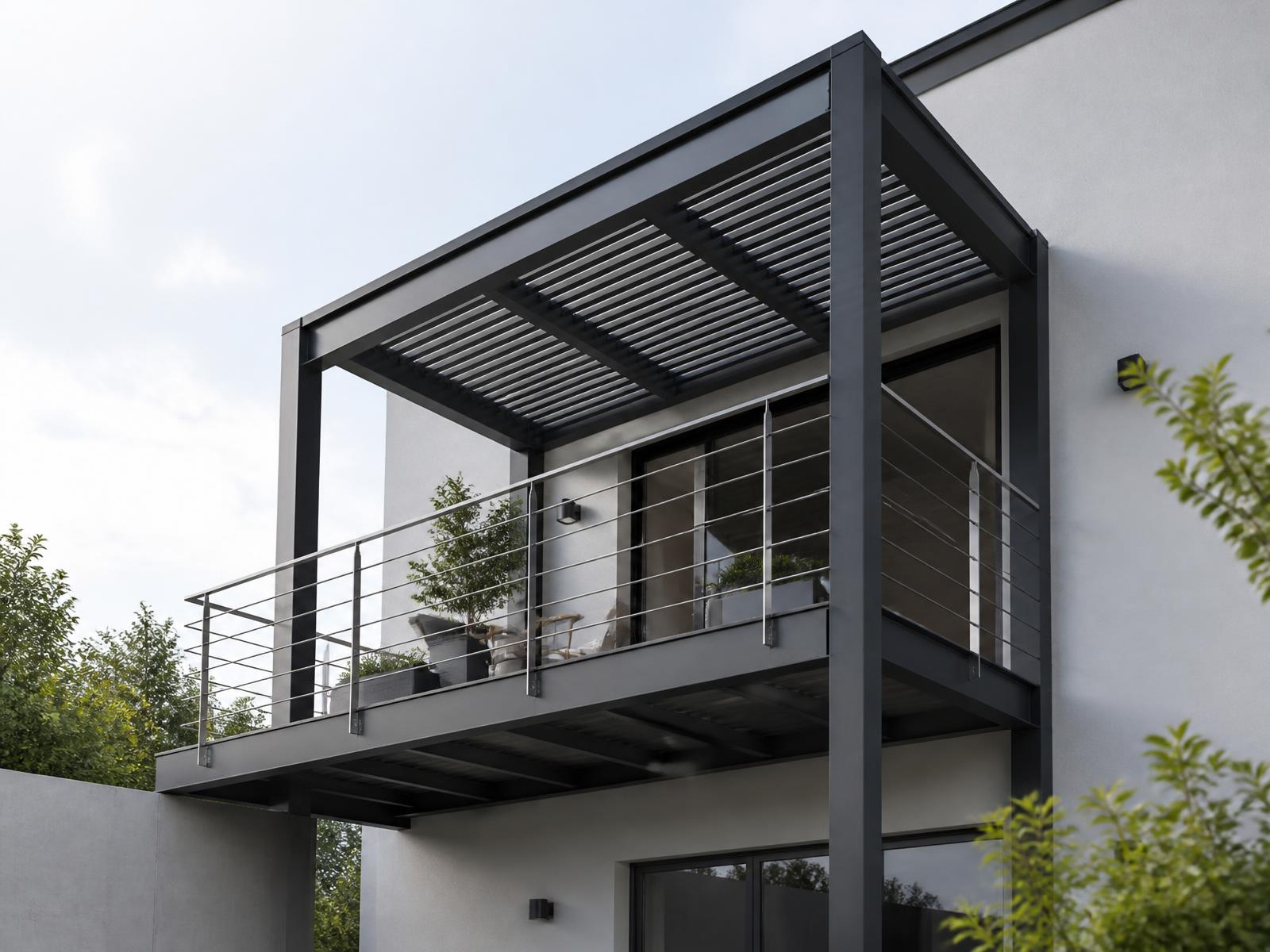 Balkonkonstruktion aus Stahl mit Edelstahlgeländer an einer Hausfassade