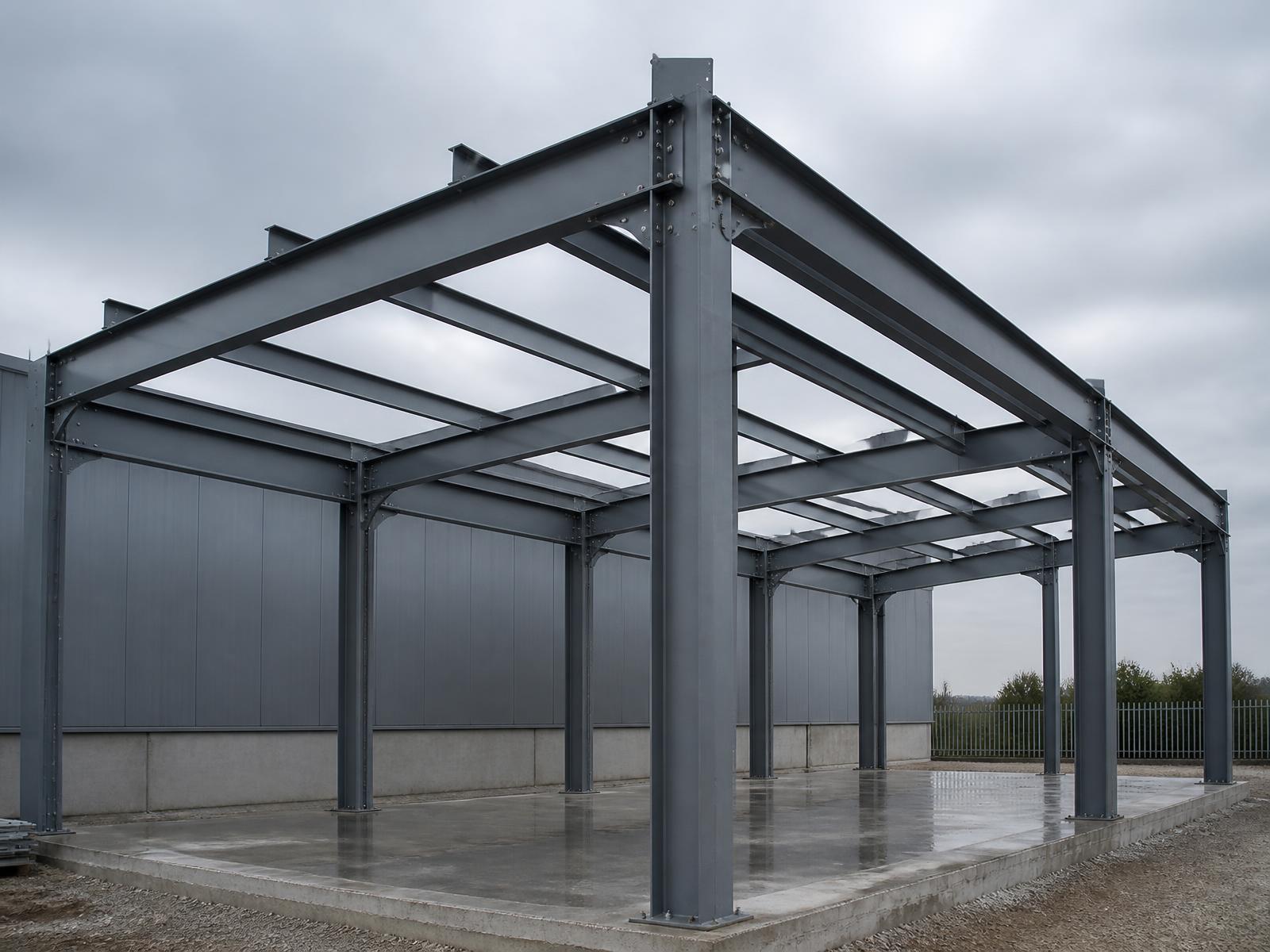 Stahlkonstruktion eines kleinen Hallenbaus
