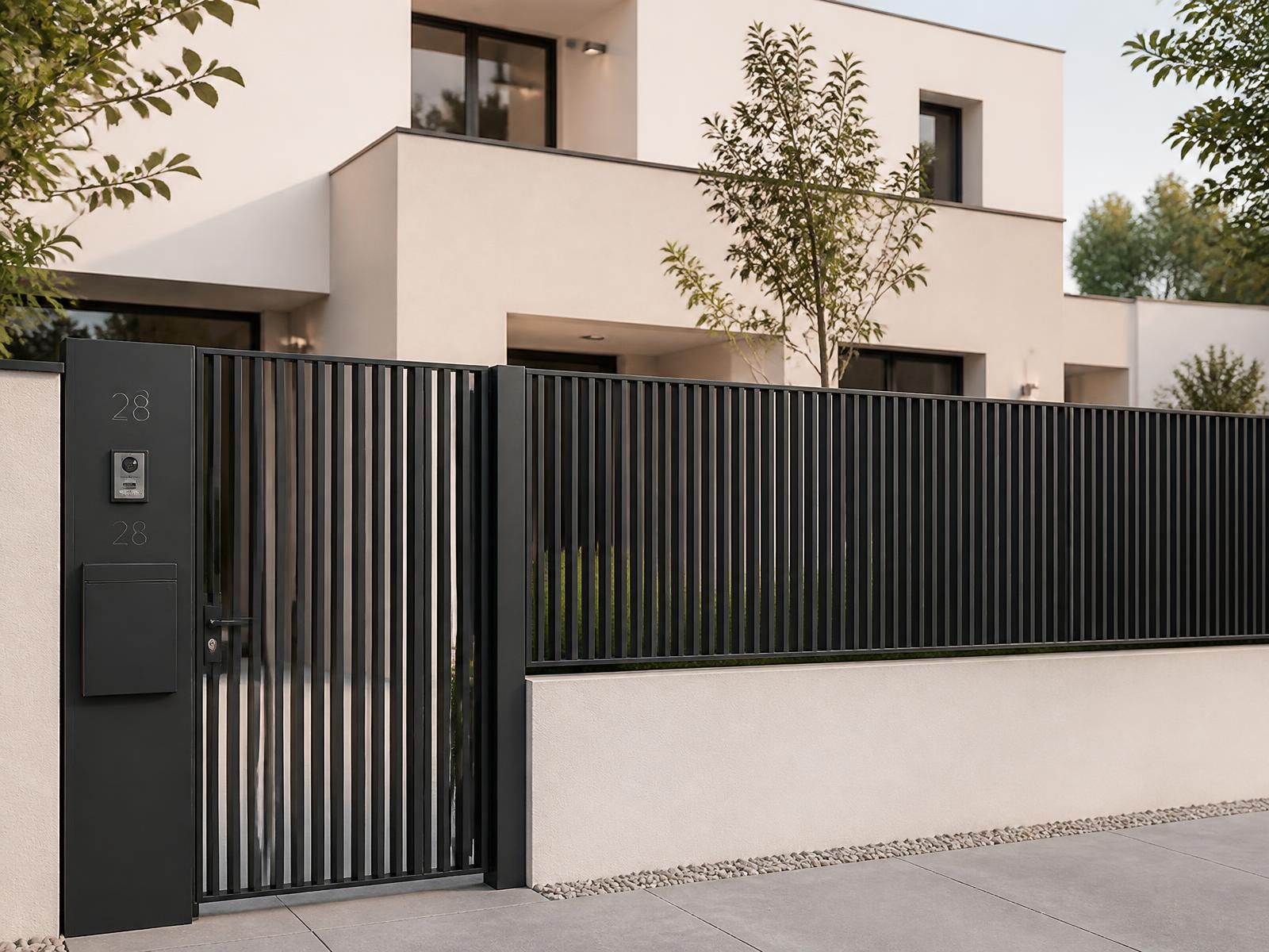 Anthrazitfarbenes Metalltor mit passendem Zaun vor einem modernen Wohnhaus